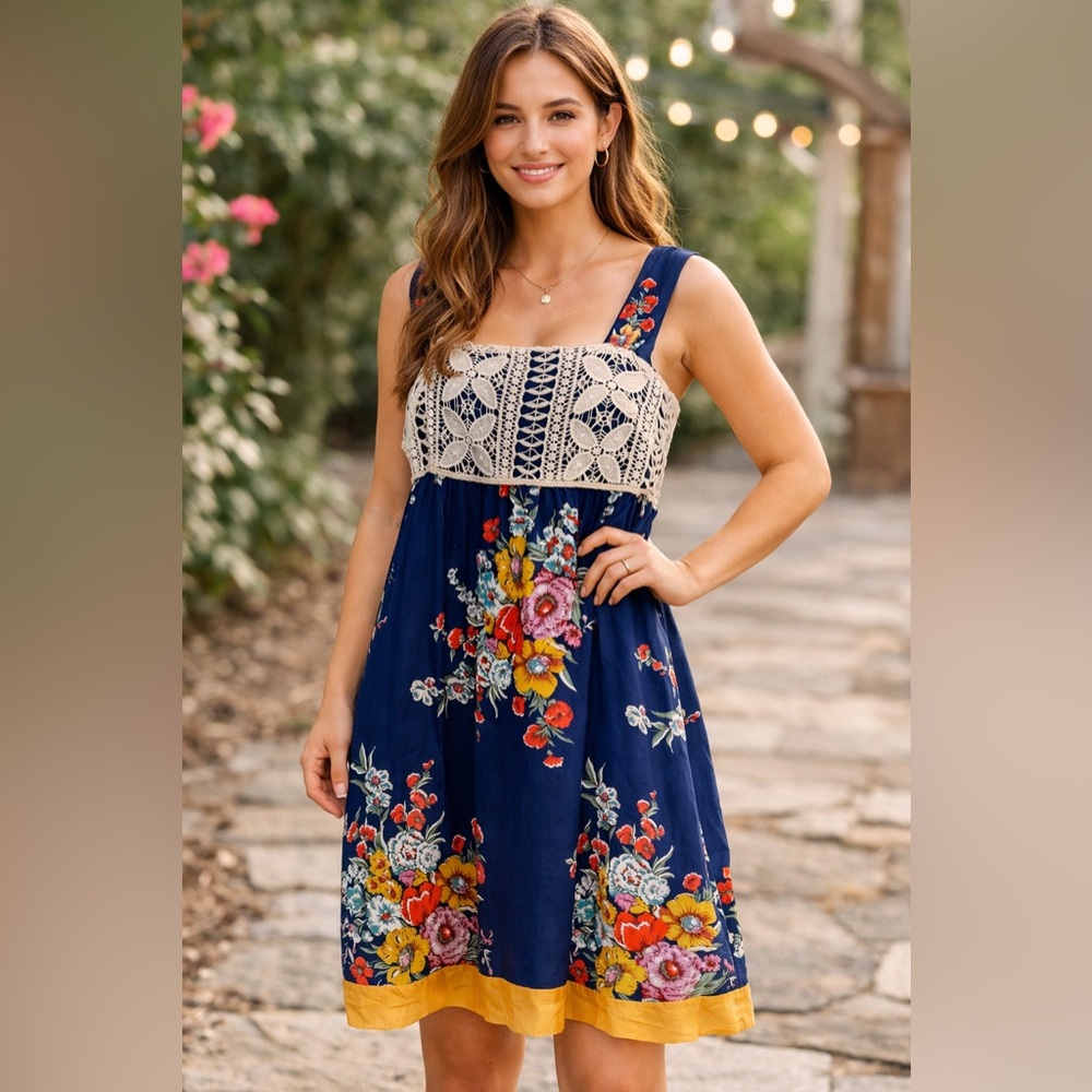 Nick & Mo Navy Blue Floral Midi Dress with Lace